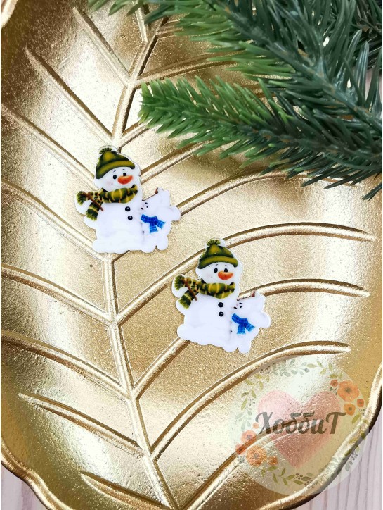 Кабошон-вырубка "Снеговик с зайчиком" 3*3,5см.